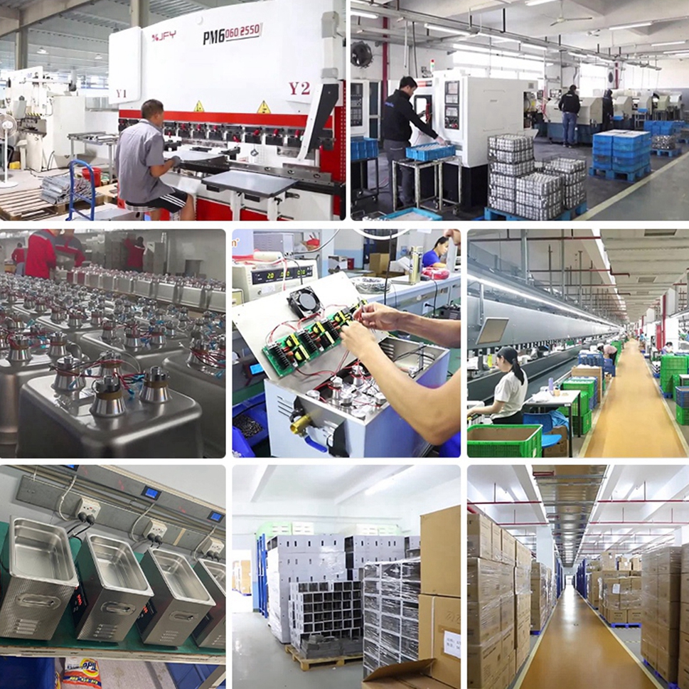 Comprehensive view of SIWEEP factory including CNC metal fabrication, ultrasonic cleaner assembly line, quality testing, and warehouse.