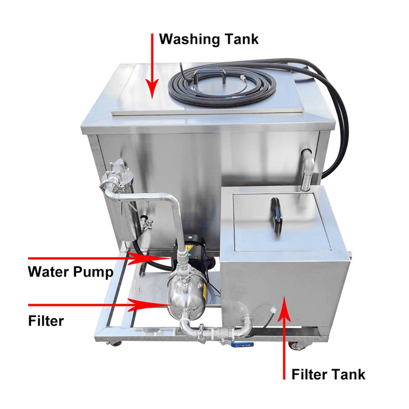 Rear view of SIWEEP industrial ultrasonic cleaning machine showing filter loop piping and pump connection