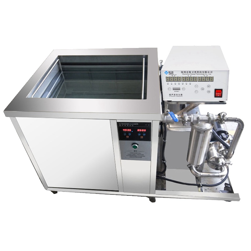 Top view of industrial ultrasonic cleaning machine tank showing spacious SUS304 interior and filter loop circulation inlets