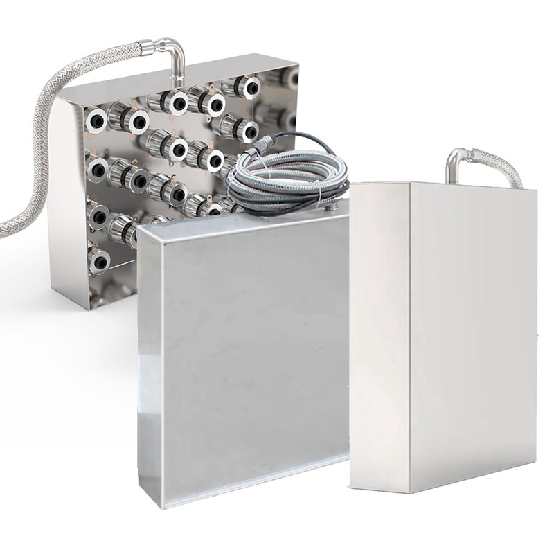 Side view of immersible ultrasonic transducer plates for industrial cleaning tanks and ultrasonic cleaning systems