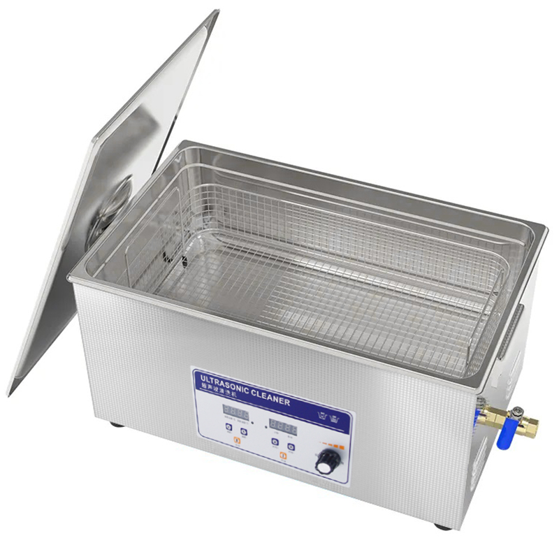 Front view of SIWEEP power adjustable industrial benchtop ultrasonic cleaner with digital control panel and stainless steel tank