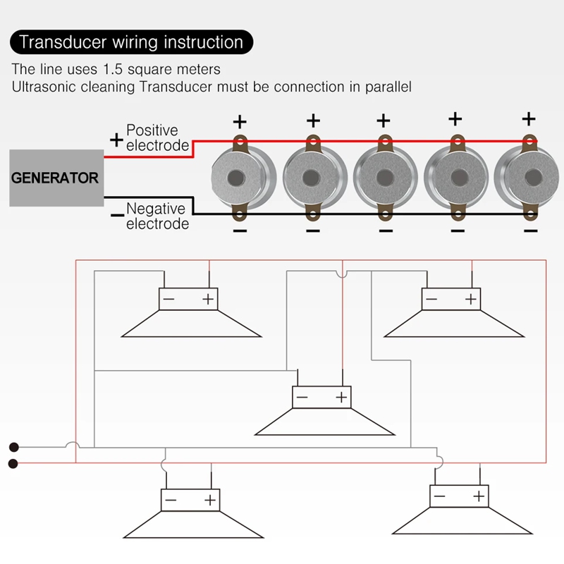 Electrical wiring diagram showing multiple piezoelectric ultrasonic cleaning transducers connected to an ultrasonic generator.